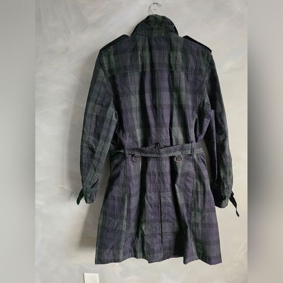 Zara Waxed Blue Green High Neck Belted Plaid Trench Coat British Millerain Sz M - Picture 6 of 16